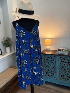 Blue Floral V-Neck Spaghetti-Strap Dress